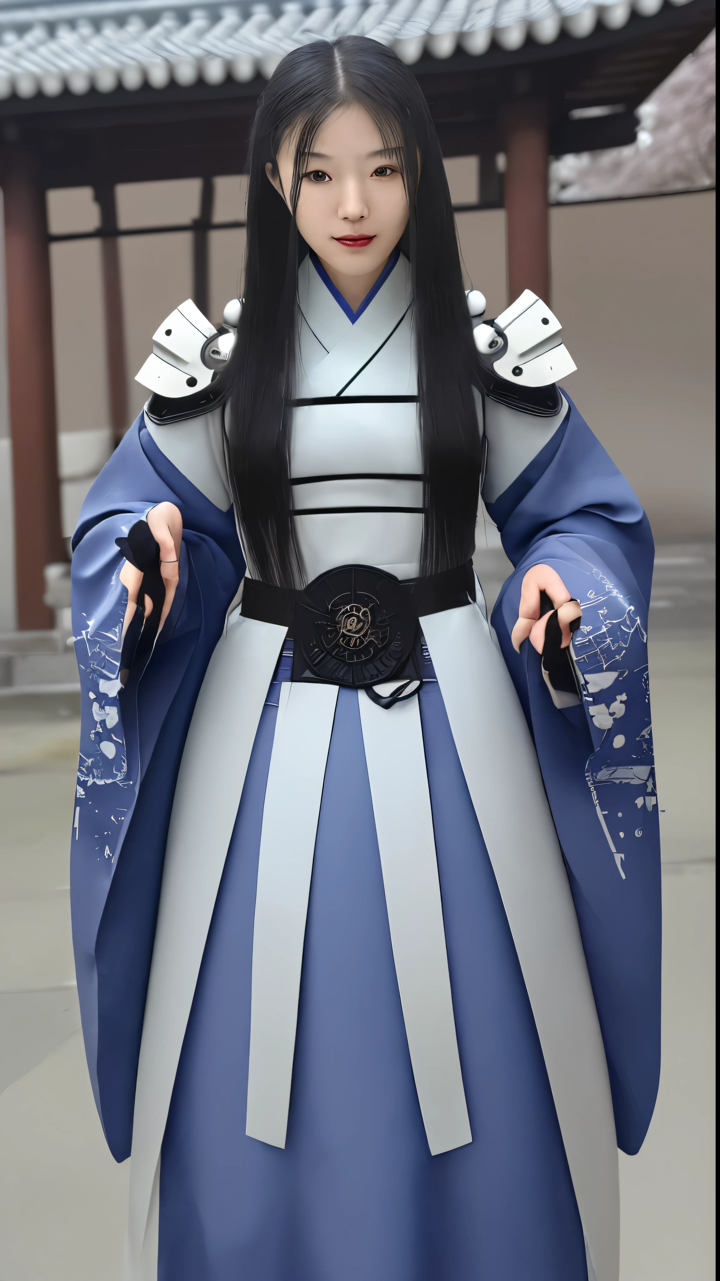 Noble Samurai(highest quality)teeth、Set in a complex oriental setting, combining ancient architecture with futuristic elements、It symbolizes the fusion of science fiction tradition and technology.。Holding a sword in one hand、He has a mechanical arm in place of his missing limb.、Demonstrating the progress of cybernetics。His samurai armor teeth、Reinforced with advanced materials、Preserving the elegance and tradition of Oriental samurai culture。 A young woman dressed in contemporary techwear、standing next to him。18 year old girlfriend teeth、Exudes maturity and strength、Long wavy hair hanging down over her shoulders。She looks determined