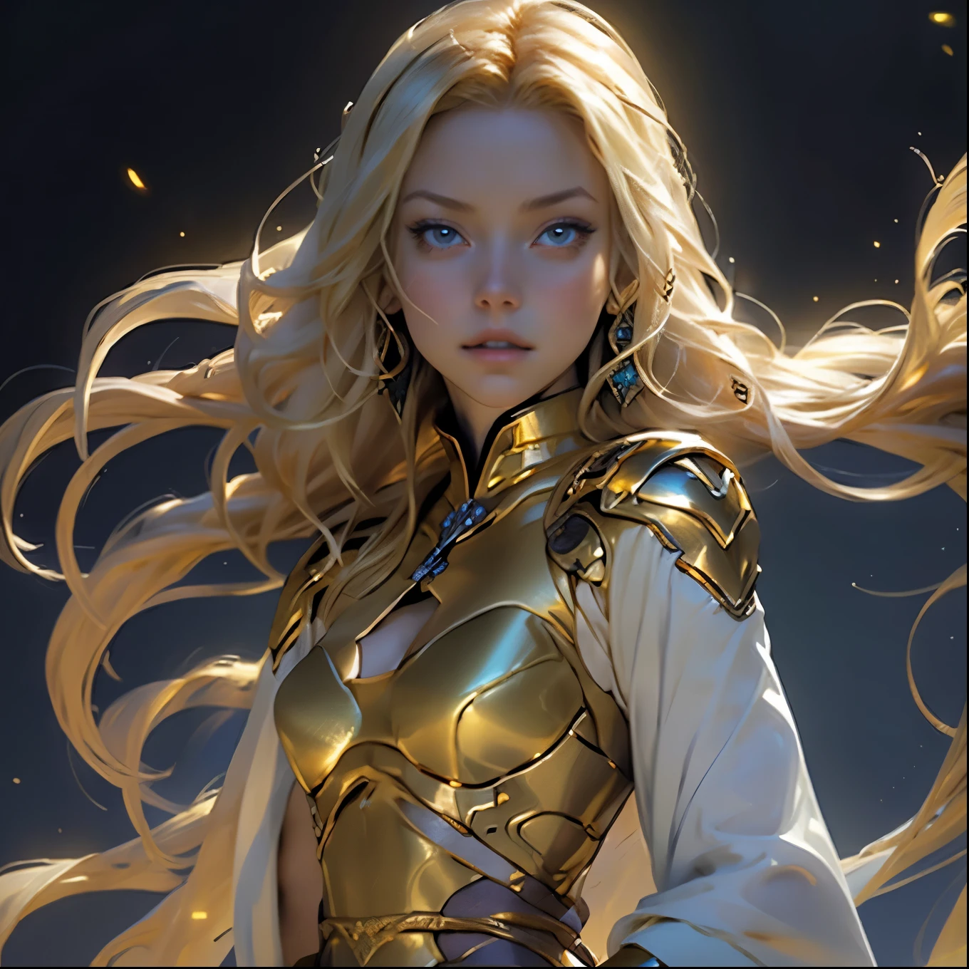 Girl, flowing golden blonde hair, yellow eyes, golden imperial outfit, neckline, anime, the background is a clear sky with twinkling lights, dynamic angle, arrogant , accurate hands, anatomically correct