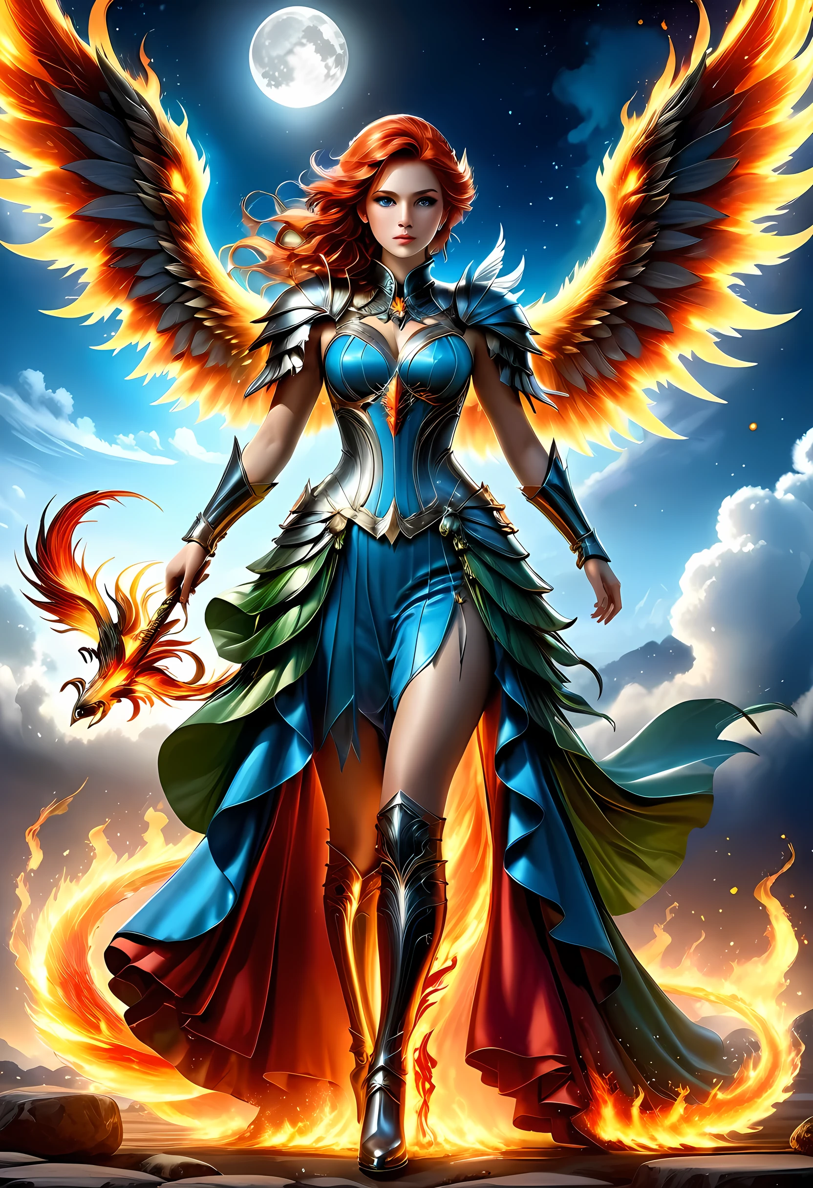 16k, ultra detailed, masterpiece, best quality, (extremely detailed), arafed, dnd art, panoramic view, full body, aasimar, female, (Masterpieceת intense details:1.3), female, sorceress, casting flaming spell(Masterpieceת intense details:1.3) large feathered wings,(white: 1.3) angelic wings spread (Masterpieceת intense details:1.3), fantasy magical heaven background (Masterpieceת intense details:1.3), moon, stars, clouds, wearing (azure: 1.3) armor (Masterpieceת intense details:1.3), high heeled boots (Masterpieceת intense details:1.3), armed with staff, (red hair: 1.4), (green eyes: 1.4), intense eyes, ultra feminine, ultra detailed face, (Masterpieceת intense details:1.5), (anatomically correct: 1.5), determined face, divine light, cinematic lighting, soft light, silhouette, photorealism, panoramic view ((Masterpieceת intense details:1.3) , Wide-Angle, Ultra-Wide Angle, 16k, highres, best quality, faize, 2.5D rendering, phoenix dress