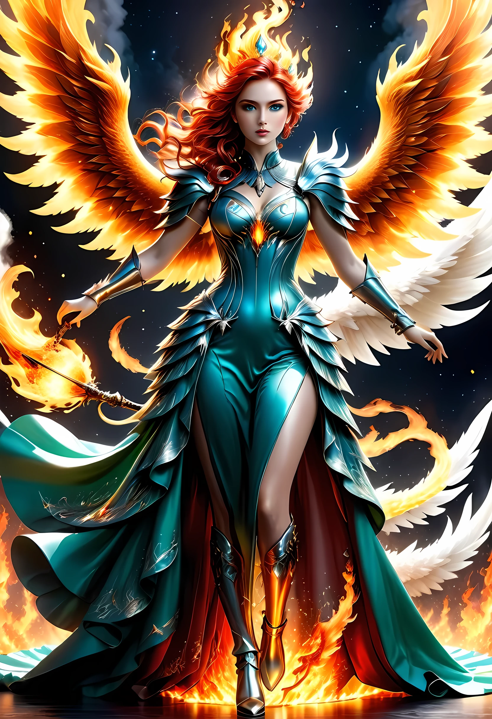 16k, ultra detailed, masterpiece, best quality, (extremely detailed), arafed, dnd art, panoramic view, full body, aasimar, female, (Masterpieceת intense details:1.3), female, sorceress, casting flaming spell(Masterpieceת intense details:1.3) large feathered wings,(white: 1.3) angelic wings spread (Masterpieceת intense details:1.3), fantasy magical heaven background (Masterpieceת intense details:1.3), moon, stars, clouds, wearing (azure: 1.3) armor (Masterpieceת intense details:1.3), high heeled boots (Masterpieceת intense details:1.3), armed with staff, (red hair: 1.4), (green eyes: 1.4), intense eyes, ultra feminine, ultra detailed face, (Masterpieceת intense details:1.5), (anatomically correct: 1.5), determined face, divine light, cinematic lighting, soft light, silhouette, photorealism, panoramic view ((Masterpieceת intense details:1.3) , Wide-Angle, Ultra-Wide Angle, 16k, highres, best quality, faize, 2.5D rendering, phoenix dress