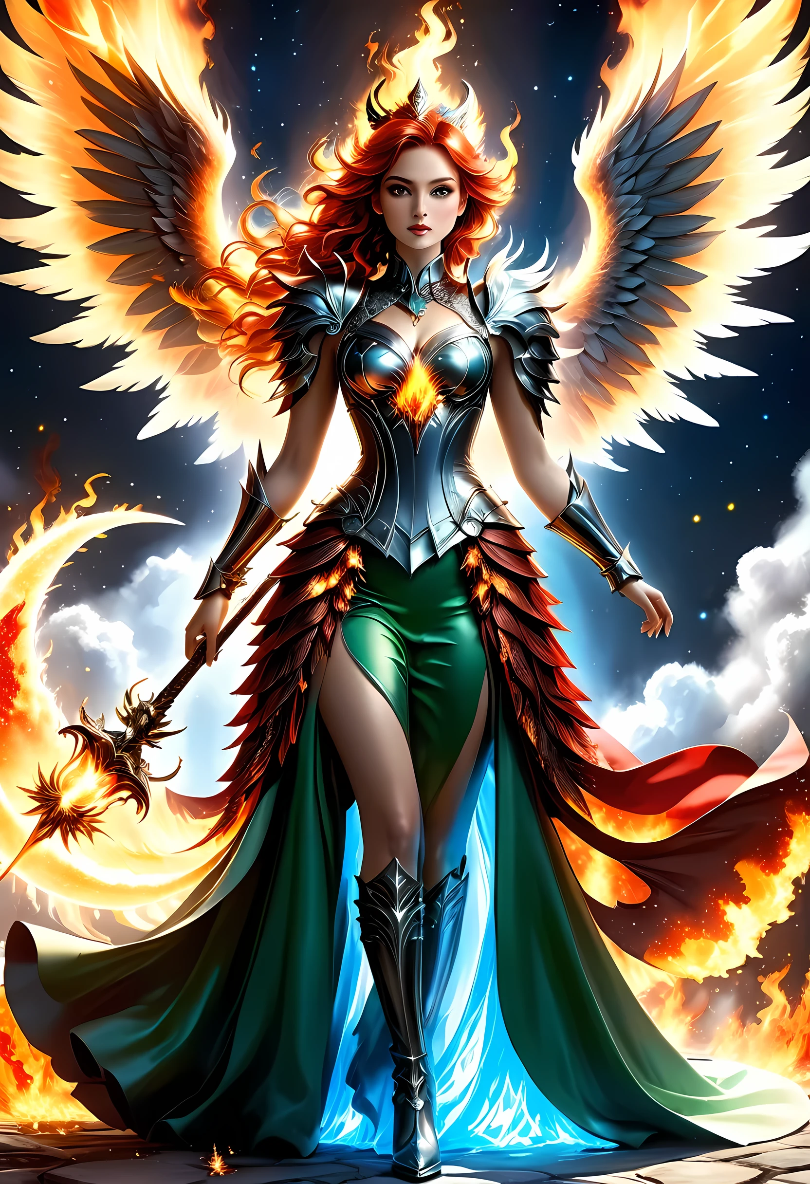 16k, ultra detailed, masterpiece, best quality, (extremely detailed), arafed, dnd art, panoramic view, full body, aasimar, female, (Masterpieceת intense details:1.3), female, sorceress, casting flaming spell(Masterpieceת intense details:1.3) large feathered wings,(white: 1.3) angelic wings spread (Masterpieceת intense details:1.3), fantasy magical heaven background (Masterpieceת intense details:1.3), moon, stars, clouds, wearing (azure: 1.3) armor (Masterpieceת intense details:1.3), high heeled boots (Masterpieceת intense details:1.3), armed with staff, (red hair: 1.4), (green eyes: 1.4), intense eyes, ultra feminine, ultra detailed face, (Masterpieceת intense details:1.5), (anatomically correct: 1.5), determined face, divine light, cinematic lighting, soft light, silhouette, photorealism, panoramic view ((Masterpieceת intense details:1.3) , Wide-Angle, Ultra-Wide Angle, 16k, highres, best quality, faize, 2.5D rendering, phoenix dress