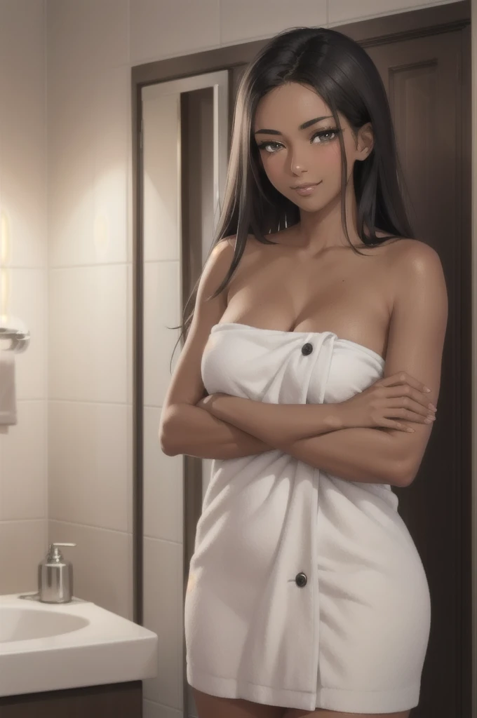 ((4k,masterpiece,best quality:1.5, ultra detailed)), (detailed background), 1girl, realistic, (beautiful detailed eyes, gray eyes:1.1), (beautiful detailed face), (very tan, dark skin:1.3), (black hair, long hair), full lips, smirk:1.2, smug, blushing, crossed arms, (bodytowel), slender waist, large breasts, cleavage, bathroom, cowboy shot, close up