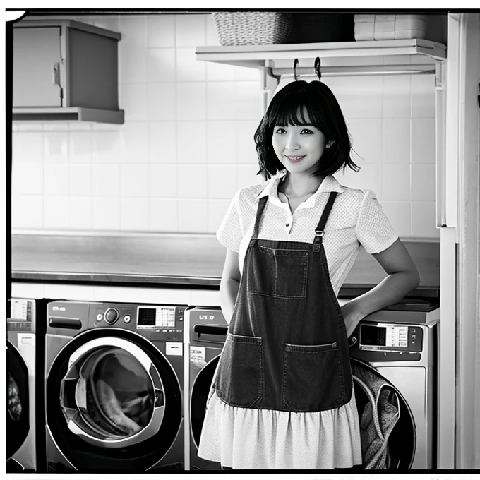 Black and white photography、Photorealistic、８k、(1台のOld broken washing machine、Rusty)、古いLaundry Room、Beautiful woman、apron、