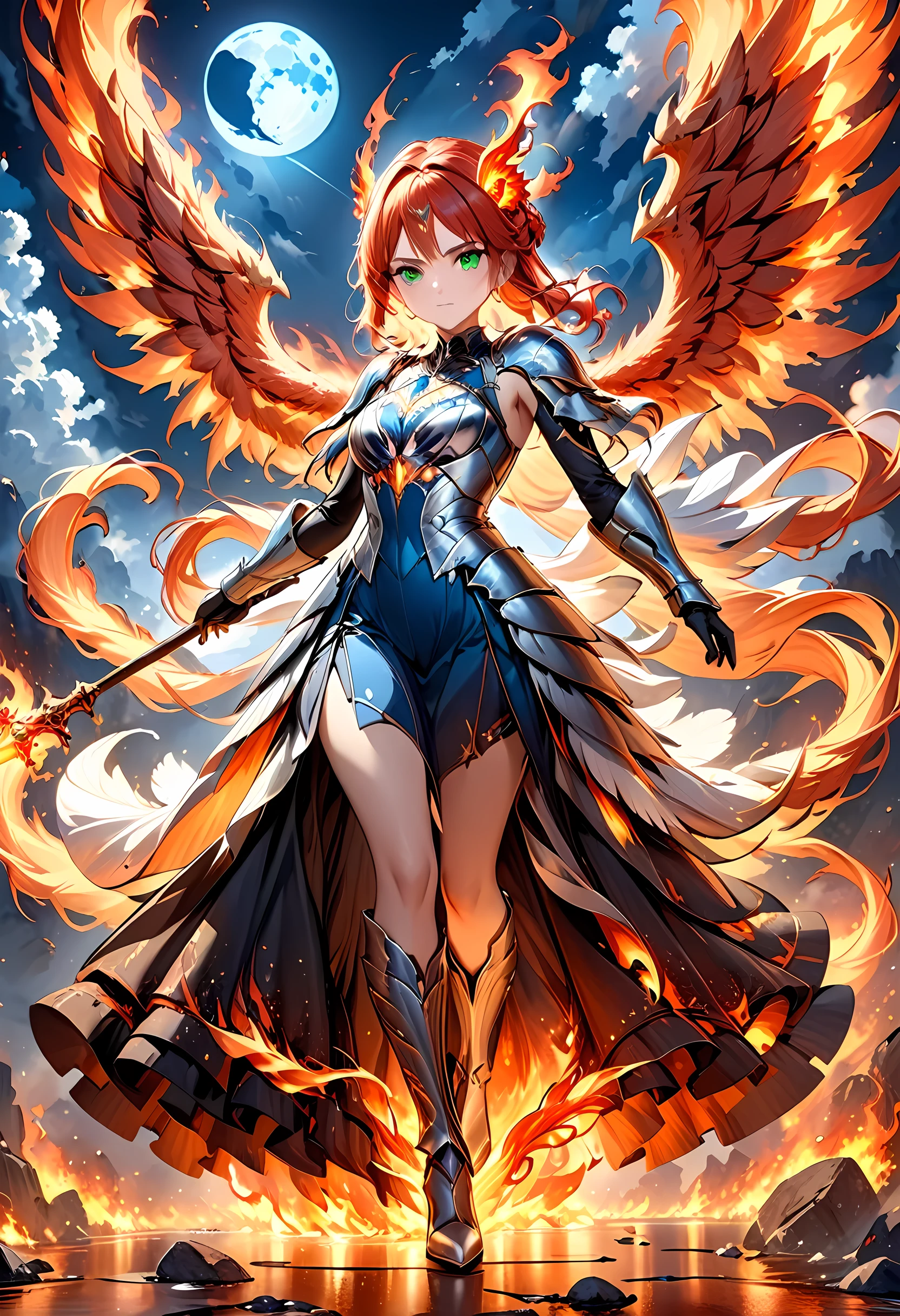 16k, ultra detailed, masterpiece, best quality, (extremely detailed), arafed, dnd art, panoramic view, full body, aasimar, female, (Masterpieceת intense details:1.3), female, sorceress, casting flaming spell(Masterpieceת intense details:1.3) large feathered wings,(white: 1.3) angelic wings spread (Masterpieceת intense details:1.3), fantasy magical heaven background (Masterpieceת intense details:1.3), moon, stars, clouds, wearing (azure: 1.3) armor (Masterpieceת intense details:1.3), high heeled boots (Masterpieceת intense details:1.3), armed with staff, (red hair: 1.4), (green eyes: 1.4), intense eyes, ultra feminine, ultra detailed face, (Masterpieceת intense details:1.5), (anatomically correct: 1.5), determined face, divine light, cinematic lighting, soft light, silhouette, photorealism, panoramic view ((Masterpieceת intense details:1.3) , Wide-Angle, Ultra-Wide Angle, 16k, highres, best quality, faize, 2.5D rendering, phoenix dress, ArmoredDress