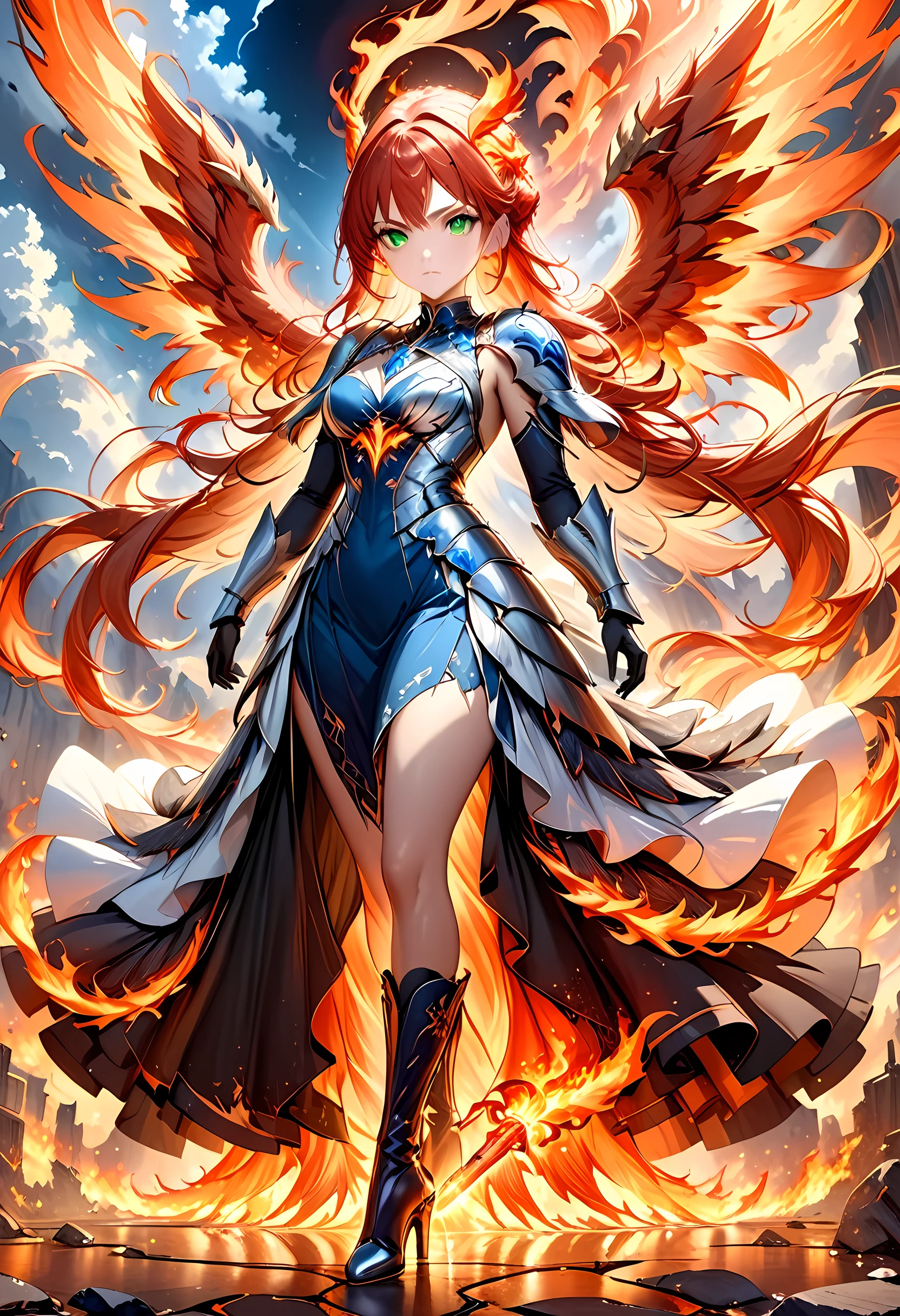 16k, ultra detailed, masterpiece, best quality, (extremely detailed), arafed, dnd art, panoramic view, full body, aasimar, female, (Masterpieceת intense details:1.3), female, sorceress, casting flaming spell(Masterpieceת intense details:1.3) large feathered wings,(white: 1.3) angelic wings spread (Masterpieceת intense details:1.3), fantasy magical heaven background (Masterpieceת intense details:1.3), moon, stars, clouds, wearing (azure: 1.3) armor (Masterpieceת intense details:1.3), high heeled boots (Masterpieceת intense details:1.3), armed with staff, (red hair: 1.4), (green eyes: 1.4), intense eyes, ultra feminine, ultra detailed face, (Masterpieceת intense details:1.5), (anatomically correct: 1.5), determined face, divine light, cinematic lighting, soft light, silhouette, photorealism, panoramic view ((Masterpieceת intense details:1.3) , Wide-Angle, Ultra-Wide Angle, 16k, highres, best quality, faize, 2.5D rendering, phoenix dress, ArmoredDress