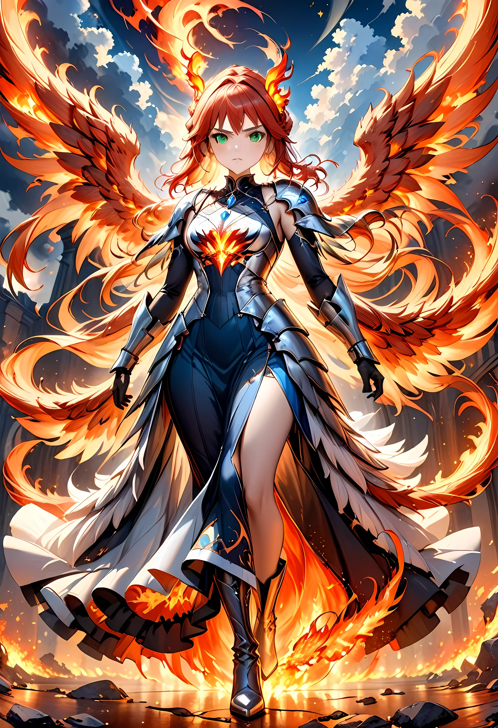 16k, ultra detailed, masterpiece, best quality, (extremely detailed), arafed, dnd art, panoramic view, full body, aasimar, female, (Masterpieceת intense details:1.3), female, sorceress, casting flaming spell(Masterpieceת intense details:1.3) large feathered wings,(white: 1.3) angelic wings spread (Masterpieceת intense details:1.3), fantasy magical heaven background (Masterpieceת intense details:1.3), moon, stars, clouds, wearing (azure: 1.3) armor (Masterpieceת intense details:1.3), high heeled boots (Masterpieceת intense details:1.3), armed with staff, (red hair: 1.4), (green eyes: 1.4), intense eyes, ultra feminine, ultra detailed face, (Masterpieceת intense details:1.5), (anatomically correct: 1.5), determined face, divine light, cinematic lighting, soft light, silhouette, photorealism, panoramic view ((Masterpieceת intense details:1.3) , Wide-Angle, Ultra-Wide Angle, 16k, highres, best quality, faize, 2.5D rendering, phoenix dress, ArmoredDress