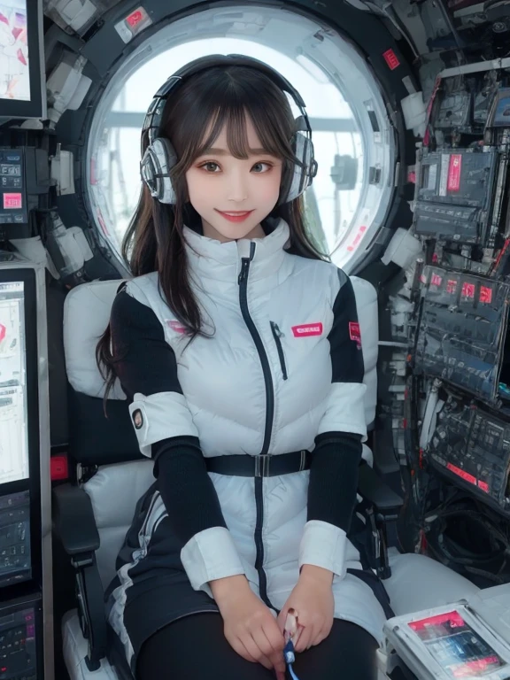 masterpiece, highest quality, Very detailed, 8K Portrait,Japanese Android Girl,plump , Control panel,Robotic arms and legs, Blunt bangs,,break (Metallic Gray, Metallic luster, Mirror finish, Astro Best):5,headphone:5,break (Black sleeves):100,Smart Watches,Futuristic space station,Control Room,break headphone,blue eyes,(Black Hair):2,(Long Hair):1.3,View the viewer,(respirator),break blush:3,Hidden Hand,smile