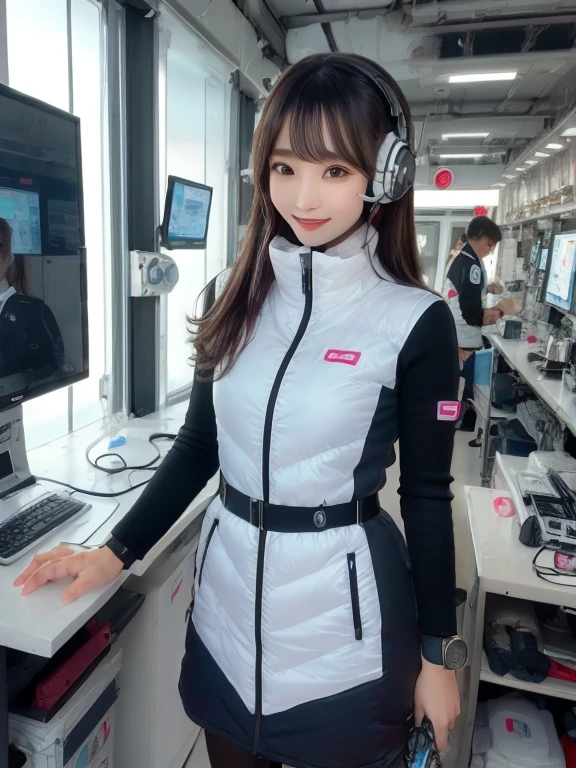masterpiece, highest quality, Very detailed, 8K Portrait,Japanese Android Girl,plump , Control panel,Robotic arms and legs, Blunt bangs,,break (Metallic Gray, Metallic luster, Mirror finish, Astro Best):5,headphone:5,break (Black sleeves):100,Smart Watches,Futuristic space station,Control Room,break headphone,blue eyes,(Black Hair):2,(Long Hair):1.3,View the viewer,(respirator),break blush:3,Hidden Hand,smile