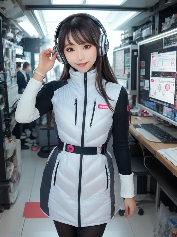 masterpiece, highest quality, Very detailed, 8K Portrait,Japanese Android Girl,plump , Control panel,Robotic arms and legs, Blunt bangs,,break (Metallic Gray, Metallic luster, Mirror finish, Astro Best):5,headphone:5,break (Black sleeves):100,Smart Watches,Futuristic space station,Control Room,break headphone,blue eyes,(Black Hair):2,(Long Hair):1.3,View the viewer,(respirator),break blush:3,Hidden Hand,smile