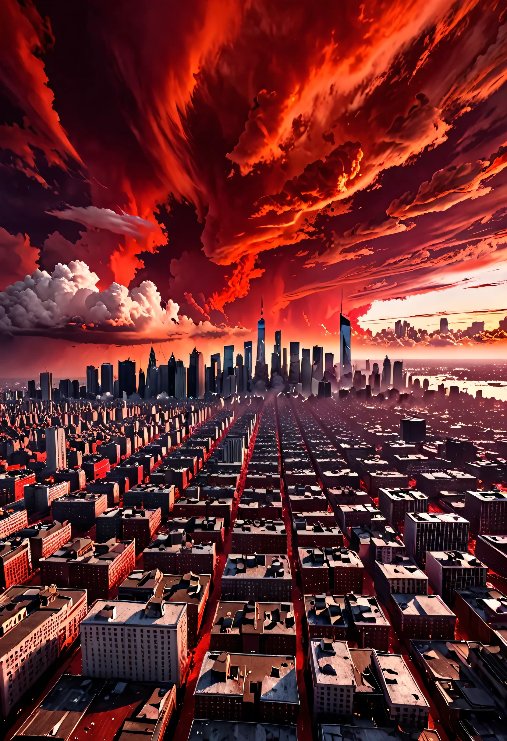 A devastated city skyline,, red sky, white clouds