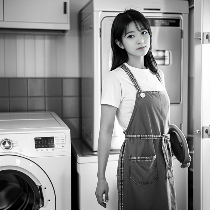 Black and white photography、Photorealistic、8k、(1 old broken washing machine、Rusty)、古いLaundry Room、Beautiful woman、apron、