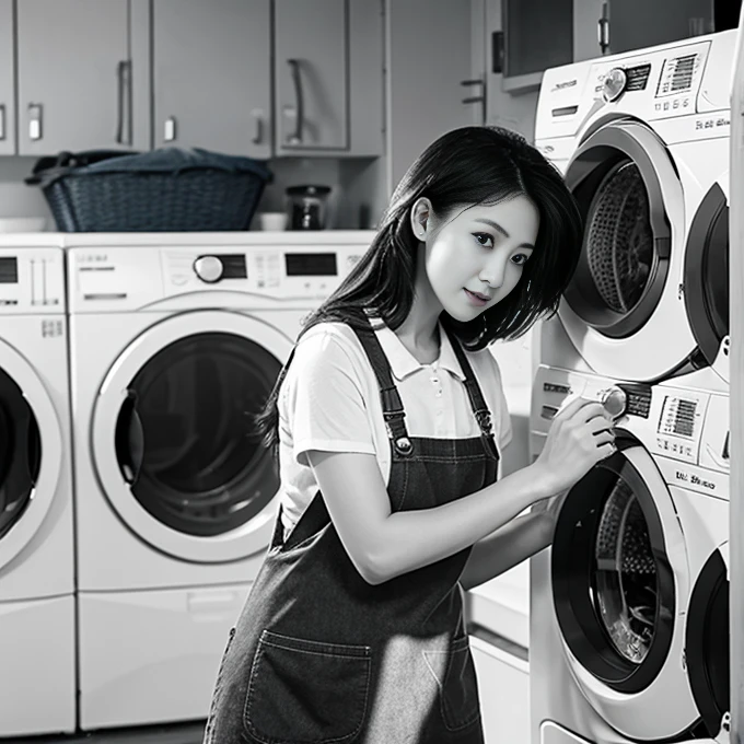 Black and white photography、Photorealistic、8k、(1 old broken washing machine、Rusty)、古いLaundry Room、Beautiful woman、apron、