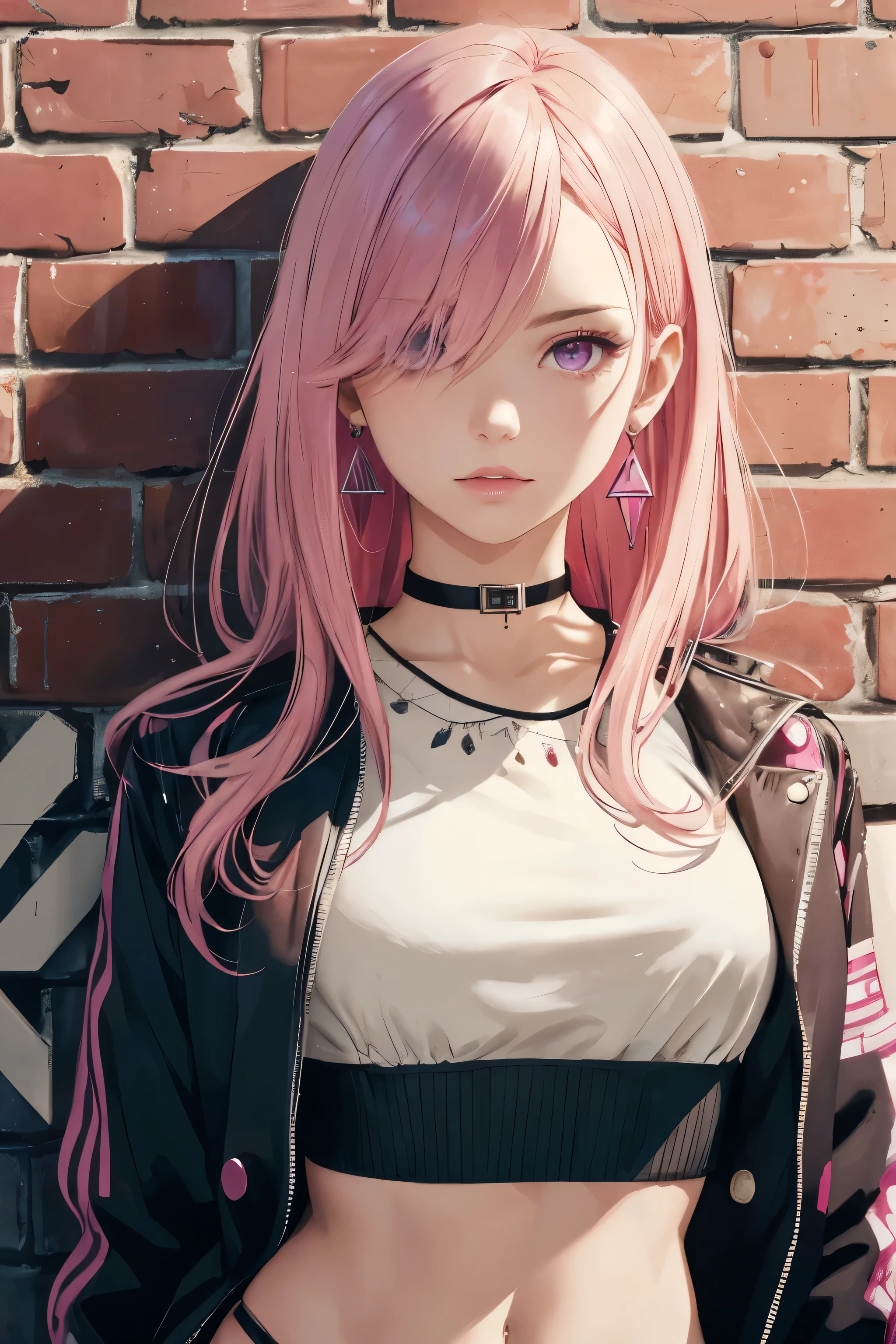 (masterpiece, best quality, 1girl, solo, intricate details, chromatic aberration), realistic, ((medium breath)),long hair, pink hair, red head ornament, pink highlights, hair over one eye,purple eyes, earrings, sharp eyes, choker, neon shirt, open jacket, crop top, (symmetry eyes),(perfect symmetrical body),against wall, brick wall, graffiti, dim lighting, alley ,look at viewer