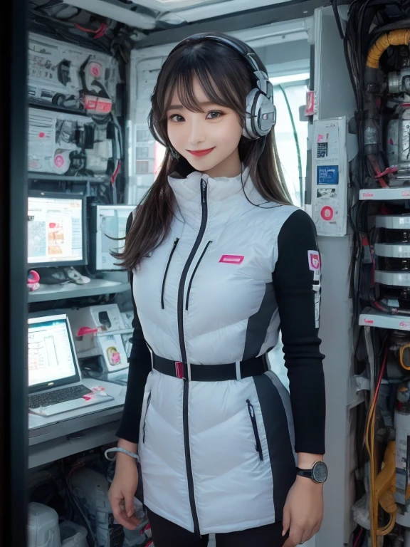 masterpiece, highest quality, Very detailed, 8K Portrait,Japanese Android Girl,plump , Control panel,Robotic arms and legs, Blunt bangs,,break (Metallic Gray, Metallic luster, Mirror finish, Astro Best):5,headphone:5,break (Black sleeves):100,Smart Watches,Futuristic space station,Control Room,break headphone,blue eyes,(Black Hair):2,(Long Hair):1.3,View the viewer,(respirator),break blush:3,Hidden Hand,smile