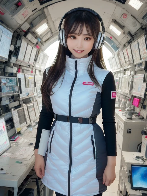 masterpiece, highest quality, Very detailed, 8K Portrait,Japanese Android Girl,plump , Control panel,Robotic arms and legs, Blunt bangs,,break (Metallic Gray, Metallic luster, Mirror finish, Astro Best):5,headphone:5,break (Black sleeves):100,Smart Watches,Futuristic space station,Control Room,break headphone,blue eyes,(Black Hair):2,(Long Hair):1.3,View the viewer,(respirator),break blush:3,Hidden Hand,smile
