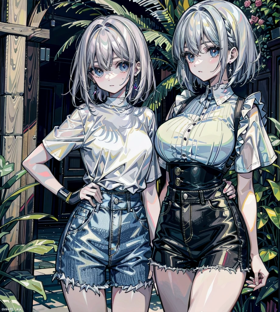 absurdres, RAW photo, extremely delicate and beautiful, masterpiece, Best Quality, ultra high resolution, 32k, hyperrealistic, ultra-detailed, detailed description, perfect anatomy, pale skin, 20 years old, detailed beautiful face and eyes, tearful mole, earring, short medium hair, wavy hair, whole body shot, big tits, yuri, ((2 girls)), plain white shirt,denim shorts, outdoor,