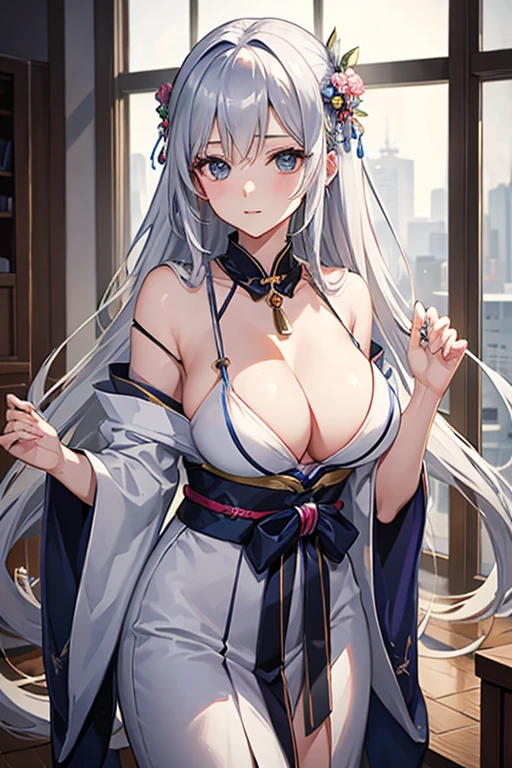masterpiece, highest quality, High resolution,Follow the prompts、Anime Style、Silver Hair、Long Hair、She takes off her kimono to reveal her bra and cleavage