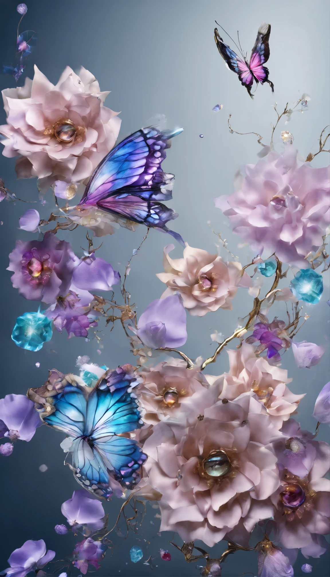 The background is greenblue,moon light,All expressed with jewels, the arrival of spring, various beautiful flower
, Beautiful purple swallowtail butterfly,angles looking up from below, various jewels falling from the sky, wonderful and beautiful superb view, slightly hazy, fantastic, high resolution, 8K, (best quality, highres, realistic:1.37), shiny metallic flowers, intricate and delicate petals, reflective surfaces, vibrant colors, intricate details, close-up view, surreal garden, surreal beauty, dreamy atmosphere, fine art, abstract botanicals, metallic sculpture, contrasting textures, ethereal glow