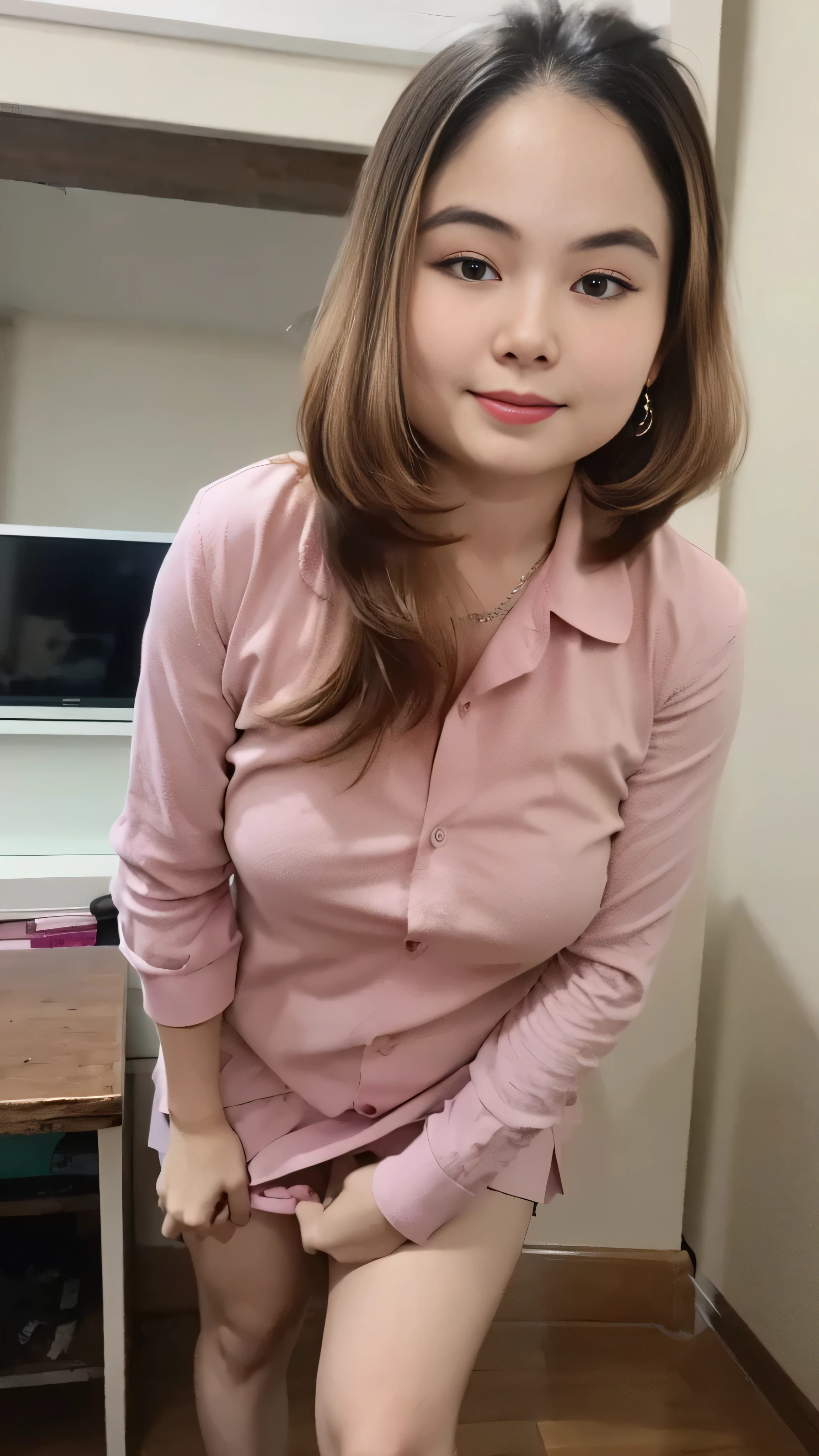 (8k, RAW photo, best quality, mastery:1.3), (realistic, photo-realistic:1.37), (looking viewer:1.331), posing Seductively, living room, soft light, 15 year old girl, short body, beautiful thighs, smaller chest, brunette hair, long hair, smile, sheer mini dress