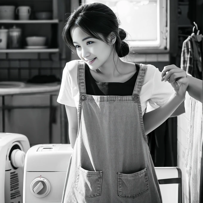 Black and white photography、Photorealistic、8k、(1 old broken washing machine、Rusty)、old、Beautiful woman、apron、