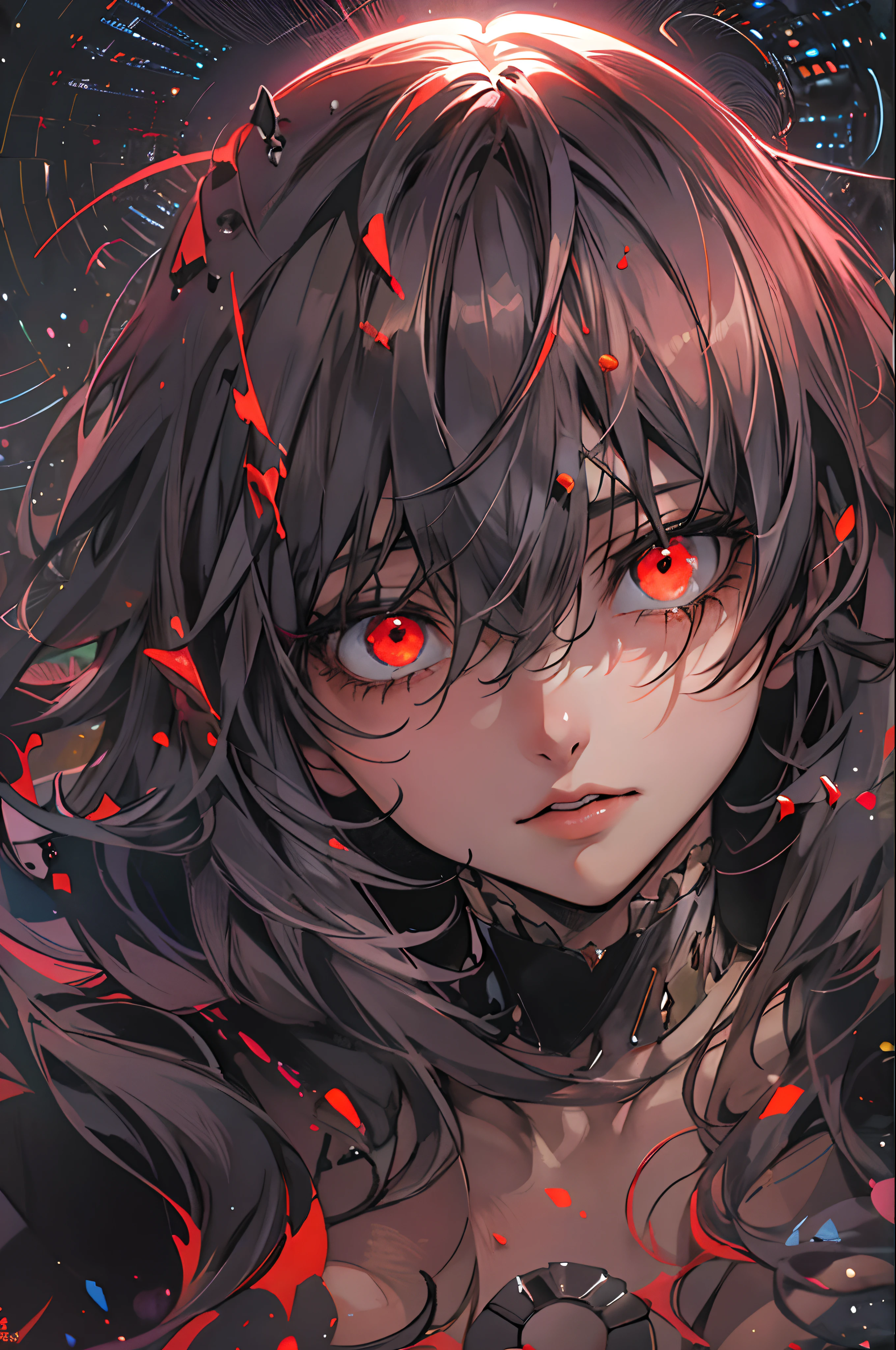 NSFW,Masterpiece, Best quality, Very detailed, absurdities, Colorful, 1girl, Single, (Solid red eyes: 1.0), (White hair, long hair, Styled hair, hair over one eye: 1.0), Detailed eyes, Eyes wide open, eyelashes, (Upper body: 0.8), monster girl, Side vision, Shiny eyes, Slanted head, evening, Black suit, Pointy ears, terror, dark, black background, Looking at the viewer, corona, High contrast, Backlight, (Acquaintance: 0.8), aura, Fractal background, Kathiki, spiral, devil horns, energy, mosaic, hell