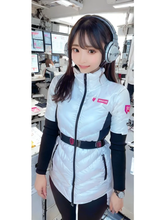 masterpiece, highest quality, Very detailed, 8K Portrait,Japanese Android Girl,plump , Control panel,Robotic arms and legs, Blunt bangs,,break (Metallic Gray, Metallic luster, Mirror finish, Astro Best):5,headphone:5,break (Black sleeves):100,Smart Watches,Futuristic space station,Control Room,break headphone,blue eyes,(Black Hair):2,(Long Hair):1.3,View the viewer,(respirator),break blush:3,Hidden Hand,smile
