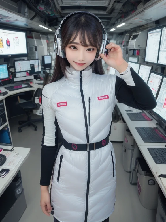 masterpiece, highest quality, Very detailed, 8K Portrait,Japanese Android Girl,plump , Control panel,Robotic arms and legs, Blunt bangs,,break (Metallic Gray, Metallic luster, Mirror finish, Astro Best):5,headphone:5,break (Black sleeves):100,Smart Watches,Futuristic space station,Control Room,break headphone,blue eyes,(Black Hair):2,(Long Hair):1.3,View the viewer,(respirator),break blush:3,Hidden Hand,smile