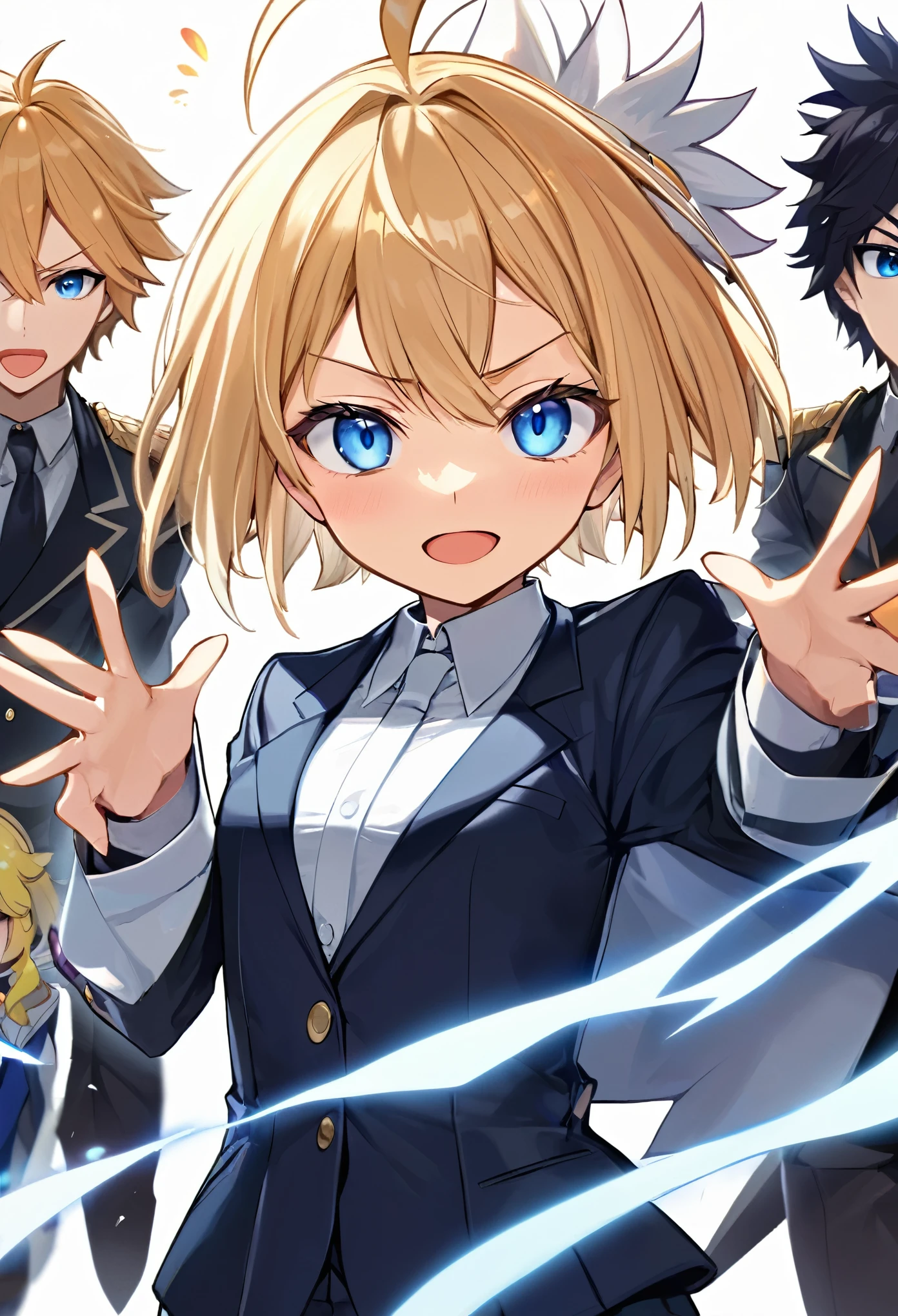 Chica de pelo,negro,tiene mechones plateados, Phosphorescent blue eyes and his expression is serious and annoying. The important thing is that he wears the UA suit since he belongs to my Hero Academia.