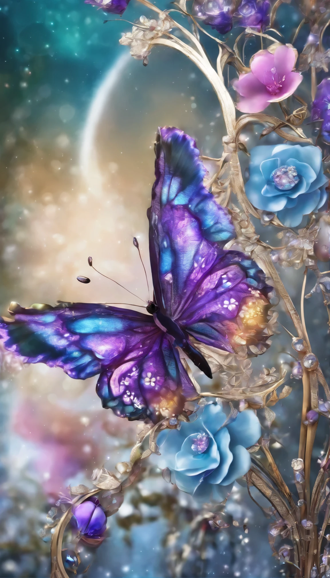 The background is greenblue,moon light,All expressed with jewels, the arrival of spring, various beautiful flower
, Beautiful purple swallowtail butterfly,angles looking up from below, various jewels falling from the sky, wonderful and beautiful superb view, slightly hazy, fantastic, high resolution, 8K, (best quality, highres, realistic:1.37), shiny metallic flowers, intricate and delicate petals, reflective surfaces, vibrant colors, intricate details, close-up view, surreal garden, surreal beauty, dreamy atmosphere, fine art, abstract botanicals, metallic sculpture, contrasting textures, ethereal glow