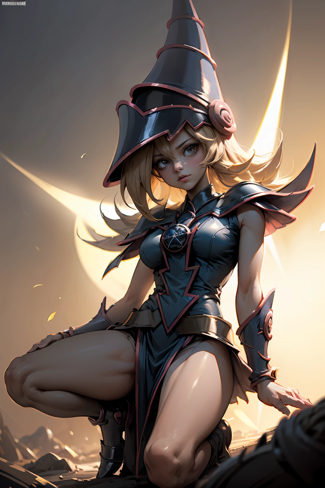 (Obra maestra:1.2), (La mejor calidad:1.2), perfect lighting, Chica Maga Oscura lanzando un hechizo, En sus veinte, flotando en el aire, tetas grandes, escote, bata azul, sombrero grande, desde arriba, Destellos, Yugioh juego, magic of the heart. luces del corazon, Romantic heart
