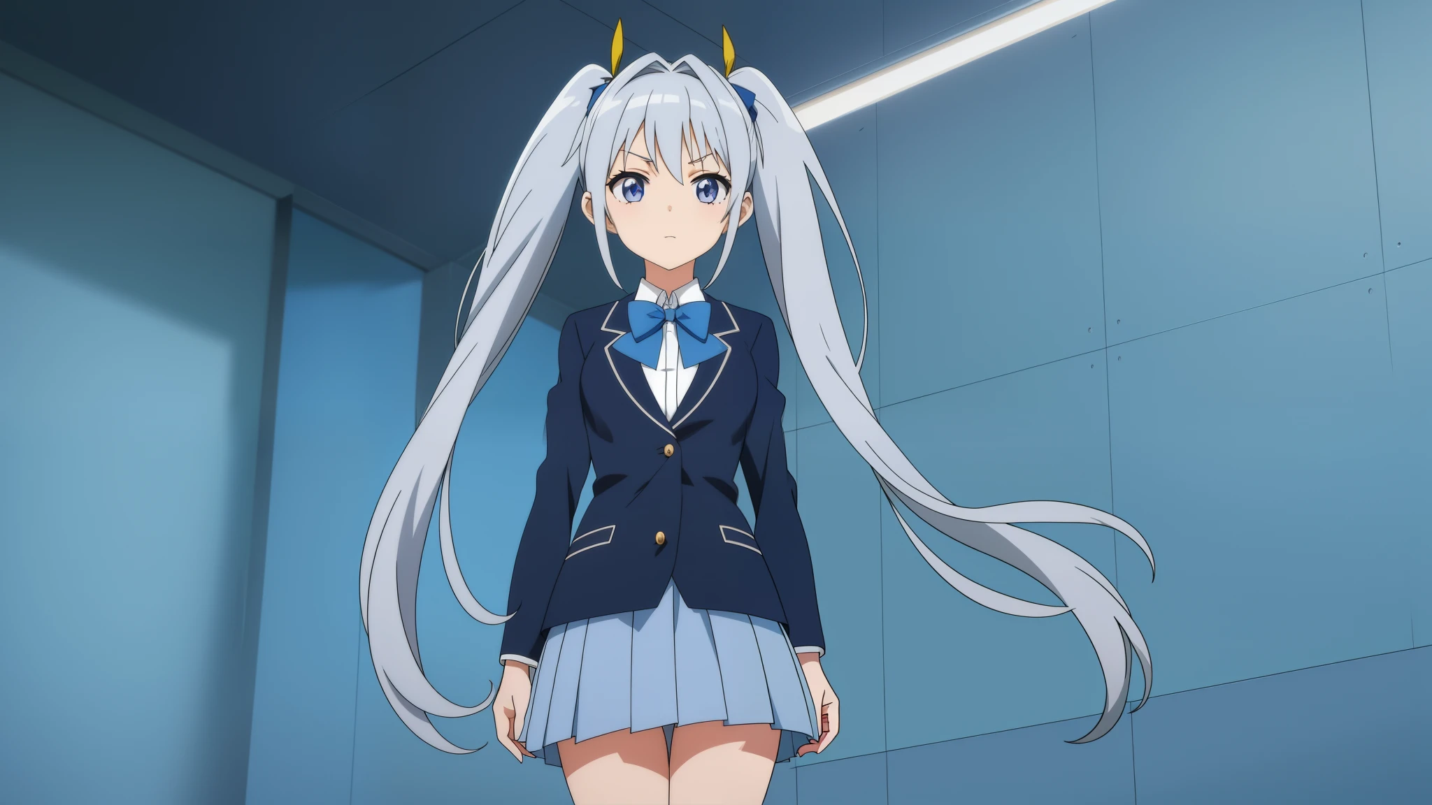 1girl, anime girl, silver hair, long twintails, silver eyes, dark blue school suit, blue bowtie, skirt, anime screencap