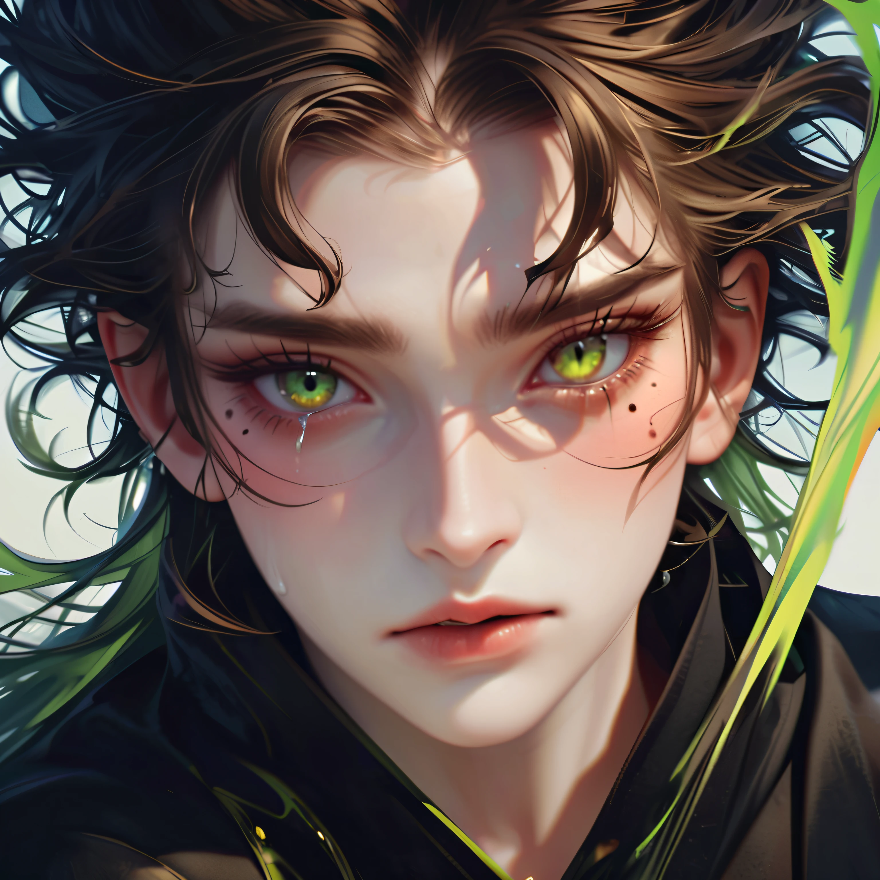 Style 3,,A tearful mole under the right eye,green eyes,White middle part hair,Cat's eyes,wizard,He wears a black robe