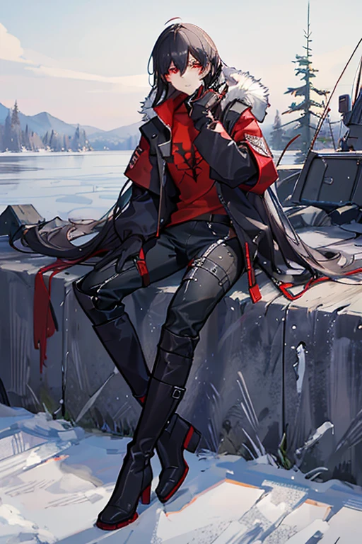 Honkai Star Rail style
1 man. wery long black hair. red eyes. red t-shirt. black jacket with hood and fur. high-waisted black ripped jeans. knee-high boots. black gloves. apocalyptic clothes.
sits in the forest. destroyed buildings. lake. green shades. grey shades
🏞️🌳🌲🌿🏚️