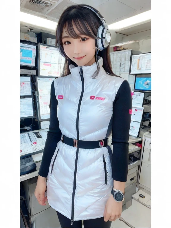 masterpiece, Highest quality, Very detailed, 8K Portrait,Japanese Android Girl,plump , Control panel,Robotic arms and legs, Blunt bangs,,break (Metallic Gray, Metallic luster, Mirror finish, Astro Best):5,headphone:5,break (Black sleeves):100,Smart Watches,Futuristic space station,Control Room,break headphone,blue eyes,(Black Hair):2,(Long Hair):1.3,Displaying the viewer,(respirator),break blush:3,Hidden Hand,smile