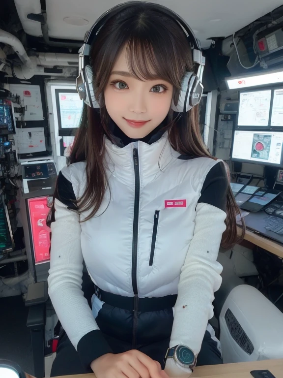 masterpiece, highest quality, Very detailed, 8K Portrait,Japanese Android Girl,plump , Control panel,Robotic arms and legs, Blunt bangs,,break (Metallic Gray, Metallic luster, Mirror finish, Astro Best):5,headphone:5,break (Black sleeves):100,Smart Watches,Futuristic space station,Control Room,break headphone,blue eyes,(Black Hair):2,(Long Hair):1.3,View the viewer,(respirator),break blush:3,Hidden Hand,smile