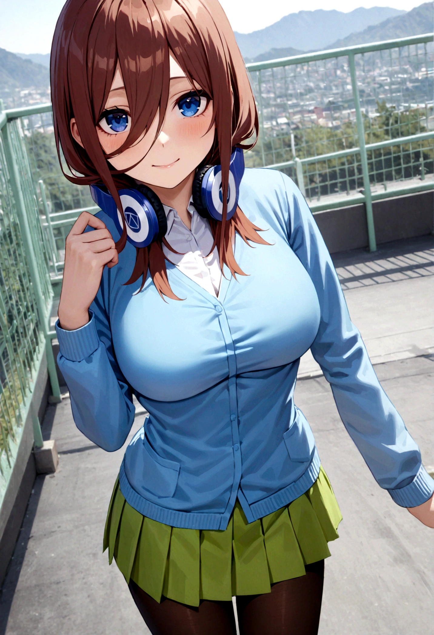 masutepiece, Best Quality, (Very detailed CG),(8K) (Best Quality),(photorealistic, Raw photo,), (Best Illustration),( best shadow),、1girl,((slender, (nakano miku, brown hair, hair between eyes, blue cardigan,pantyhose, headphones, green skirt,white shirt),open clothes, cleavage cutout))、(((standing,waving at viewer,smile,,))、,((school rooftop,fence)),POV,front view