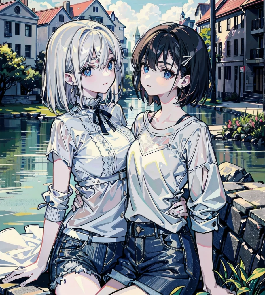 absurdres, RAW photo, extremely delicate and beautiful, masterpiece, Best Quality, ultra high resolution, 32k, hyperrealistic, ultra-detailed, detailed description, perfect anatomy, pale skin, 20 years old, detailed beautiful face and eyes, tearful mole, earring, short medium hair, wavy hair, whole body shot, big tits, yuri, ((2 girls)), plain white shirt,denim shorts, outdoor,
