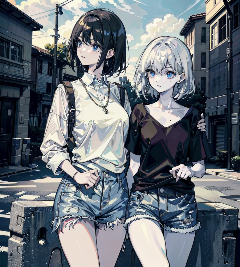 absurdres, RAW photo, extremely delicate and beautiful, masterpiece, Best Quality, ultra high resolution, 32k, hyperrealistic, ultra-detailed, detailed description, perfect anatomy, pale skin, 20 years old, detailed beautiful face and eyes, tearful mole, earring, short medium hair, wavy hair, whole body shot, big tits, yuri, ((2 girls)), plain white shirt,denim shorts, outdoor,