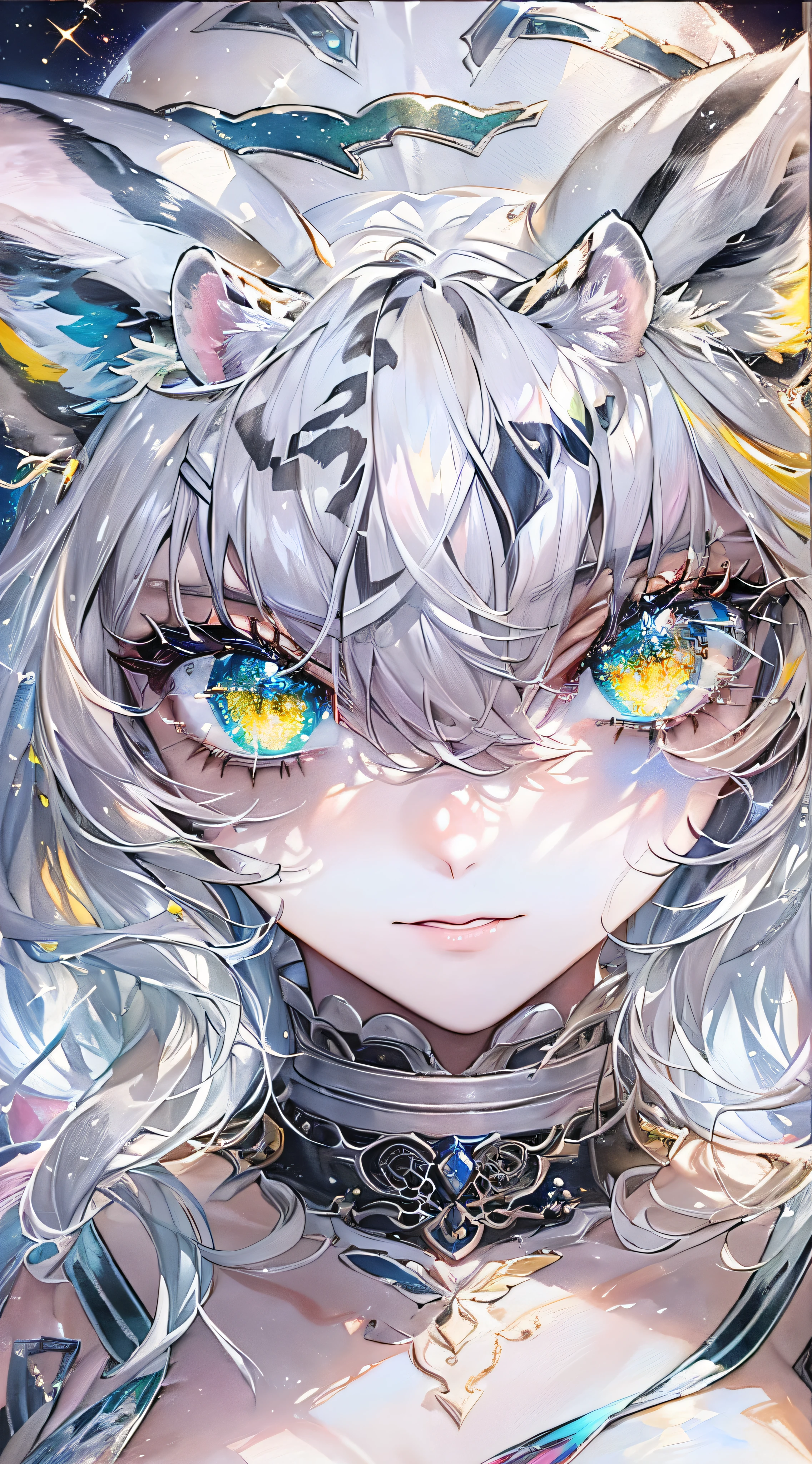 Soft focus , (Bright gradient watercolor :1.5, Lens flare:1.5 , luster :1.5), Yeshua , Dreamy , White background、The network illusion, Colorful,、((عين Very detailed:1.5)),((Face Augmentation:1.5)),((Focus on the face:1.5)),(((Masterpiece、Top quality、Top quality、Watercolor paving)))(Curly)、Official art、Beautiful aesthetic:1.2)、Eye glass:1.5、(girl with:1.5)、(Fractal art:1.3)、Upper body、com.colorfull、((Very detailed retina:1.5))、Embarrassed by、(Diaphragm)、((Ultra-detailed eyes:1.5))、(Rainbow hair、Colorful hair、Half white hair and half black hair:1.5)、((White tiger ears:1.5,White tiger tail:1.5)),((خلفيات CG Unity 8K الVery detailed、Masterpiece、Top quality))、((Very detailed:1.2))、(Better lighting、Best shadows、Very delicate and beautiful)、(خلفيات CG Unity 8K الVery detailed、Masterpiece、Best quality、Very detailed)、(Better lighting、Best shadows、Very delicate and beautiful)、(perfect body:1.5),{{{{Dazzling brilliance}}}}、Rainbow bridge、(Tabletop:1.2), Best quality, (clarification:1.2), (Very detailed), Excessive detail, (Accurate detailing), (Complex details), (Cinematic light, Best quality backlight), Single women, Perfect body, (4girl), (Better lighting, Very delicate and beautiful), Cinematic light、【Slogan:Iridescent color 】、Blue sky with white angel wings proportional to the body、Sunny day