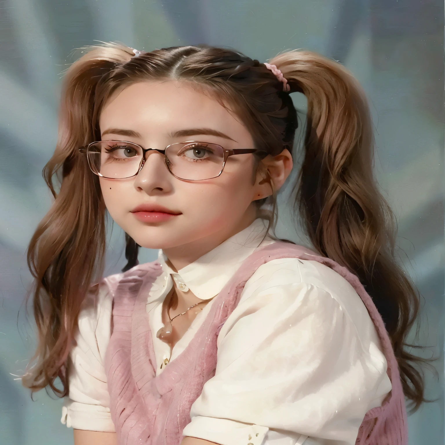 a close-up of a young woman in glasses and a pink sweater, parece una mezcla de mugre, coletas hairstyle, coletas, parece una mezcla de mugre, two coletas hairstyle, she parece una mezcla de mugre, maquillaje de los 90, estilo de los 90, parecido a una mezcla de mugre, joven escarlata johansson