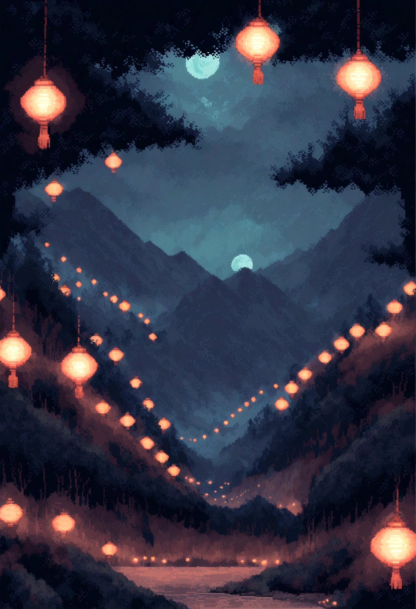 pixel art. It depicts a Japanese asphalt mountain road surrounded by bumpers on a dark night with many sharp turns, illuminated by faded old lanterns, In the background is a high mountain surrounded by dense forest and nothing else