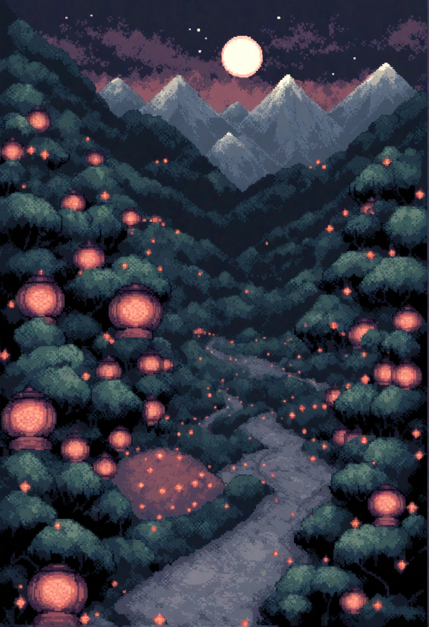 pixel art. It depicts a Japanese asphalt mountain road surrounded by bumpers on a dark night with many sharp turns, illuminated by faded old lanterns, In the background is a high mountain surrounded by dense forest and nothing else