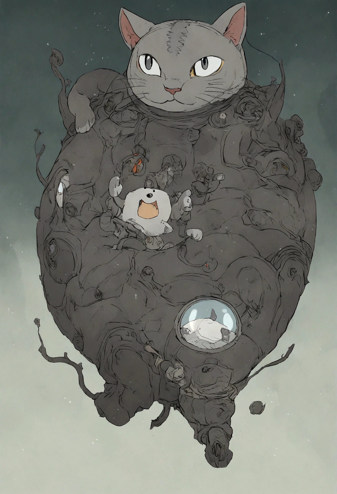 super gato, Dark grey Tabby cat with white bottom, studio_ghibli_anime_style style, 2d