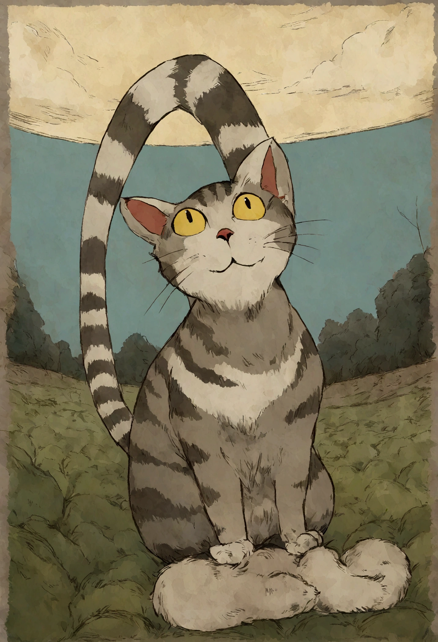 super gato, Dark grey Tabby cat with white bottom, studio_ghibli_anime_style style, 2d