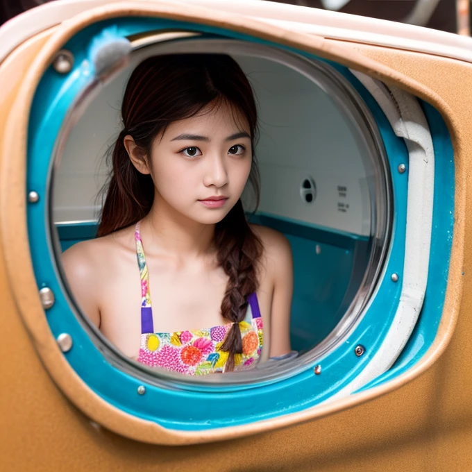 Full color photography、Photorealistic、8k、(1 old broken washing machine、Rusty)、old、Beautiful woman、Naked apron、