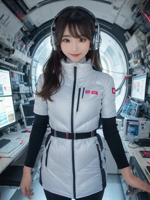 masterpiece, highest quality, Very detailed, 8K Portrait,Japanese Android Girl,plump , Control panel,Robotic arms and legs, Blunt bangs,,break (Metallic Gray, Metallic luster, Mirror finish, Astro Best):5,headphone:5,break (Black sleeves):100,Smart Watches,Futuristic space station,Control Room,break headphone,blue eyes,(Black Hair):2,(Long Hair):1.3,View the viewer,(respirator),break blush:3,Hidden Hand,smile