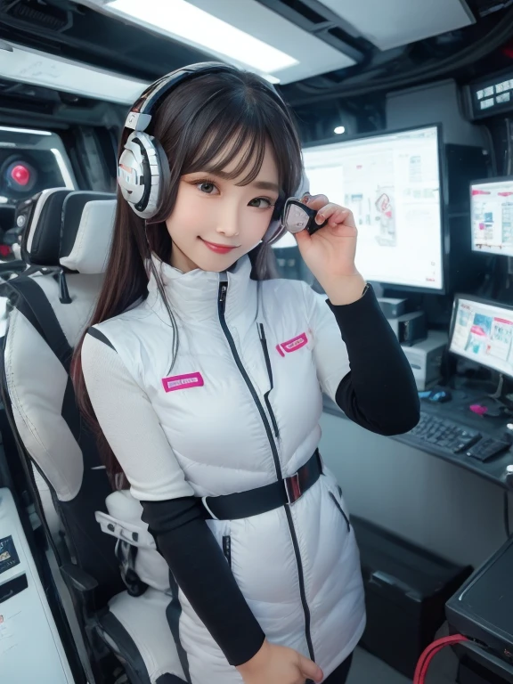 masterpiece, highest quality, Very detailed, 8K Portrait,Japanese Android Girl,plump , Control panel,Robotic arms and legs, Blunt bangs,,break (Metallic Gray, Metallic luster, Mirror finish, Astro Best):5,headphone:5,break (Black sleeves):100,Smart Watches,Futuristic space station,Control Room,break headphone,blue eyes,(Black Hair):2,(Long Hair):1.3,View the viewer,(respirator),break blush:3,Hidden Hand,smile