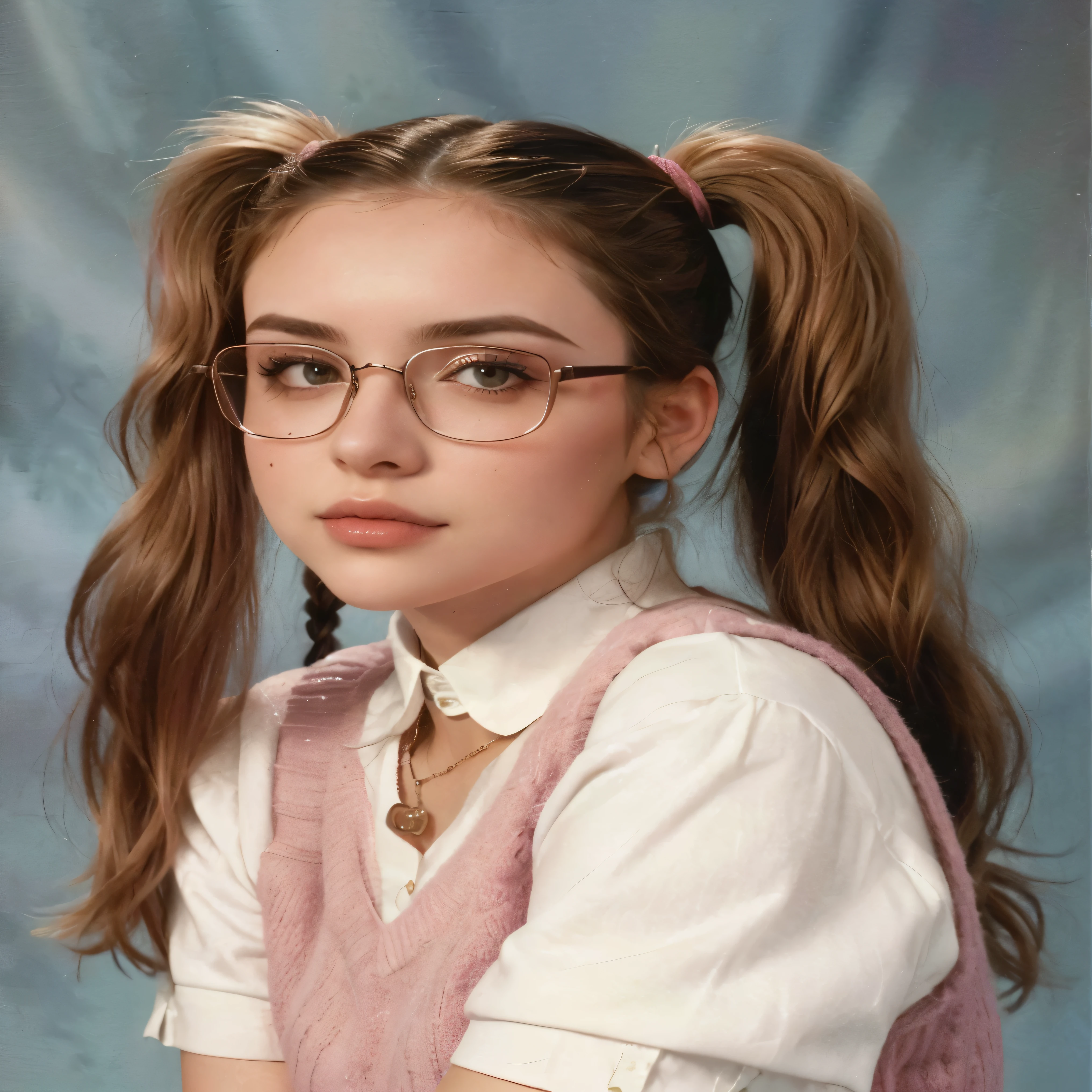 a close-up of a young woman in glasses and a pink sweater, parece una mezcla de mugre, coletas hairstyle, coletas, parece una mezcla de mugre, two coletas hairstyle, she parece una mezcla de mugre, maquillaje de los 90, estilo de los 90, parecido a una mezcla de mugre, joven escarlata johansson
