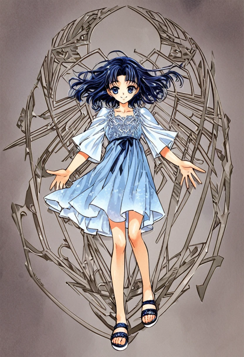 very cute 14-years-old french girl, chic light blue dress with lots of classic French white and dark blue details, loose hair, trendy women's sandals, welcoming smile, high detailed, 4K, front view, full body, CLAMP art style