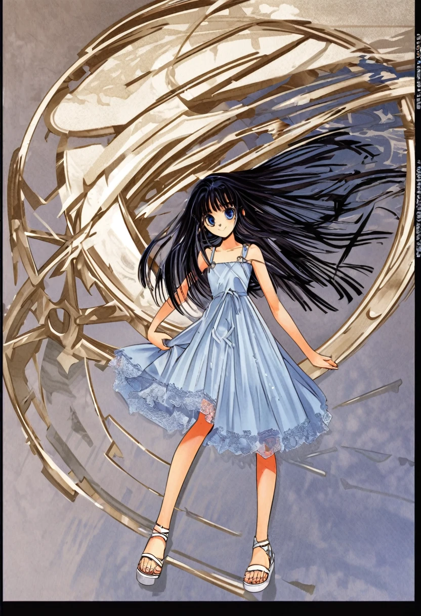 very cute 14-years-old french girl, chic light blue dress with lots of classic French white and dark blue details, loose hair, trendy women's sandals, welcoming smile, high detailed, 4K, front view, full body, CLAMP art style
